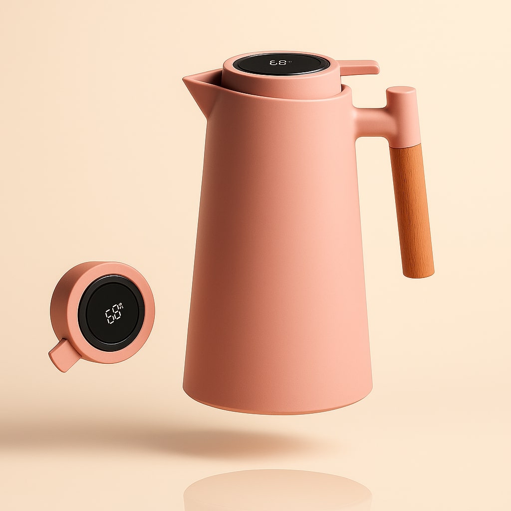 Stainless steel 1-quart insulated carafe with wood handle & smart temperature display. Perfect coffee pourer.