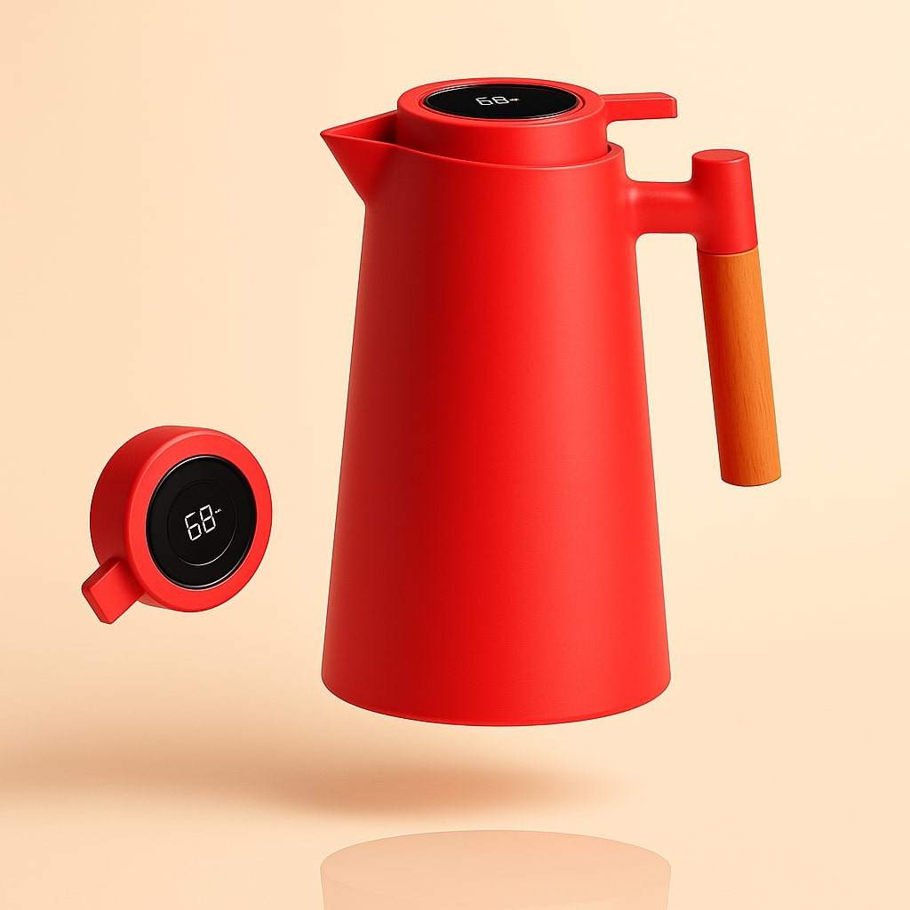 1-Quart insulated thermal carafe with smart temperature display. Vacuum flask for coffee, tea, drinkware.