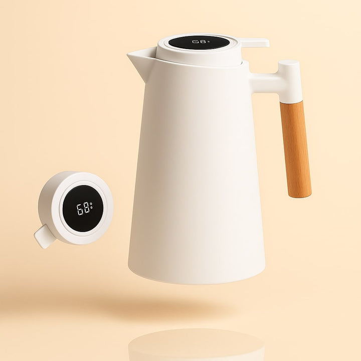 Modern kitchen gadget: 1-quart thermal carafe with smart temperature display for hot coffee & cold drinks.