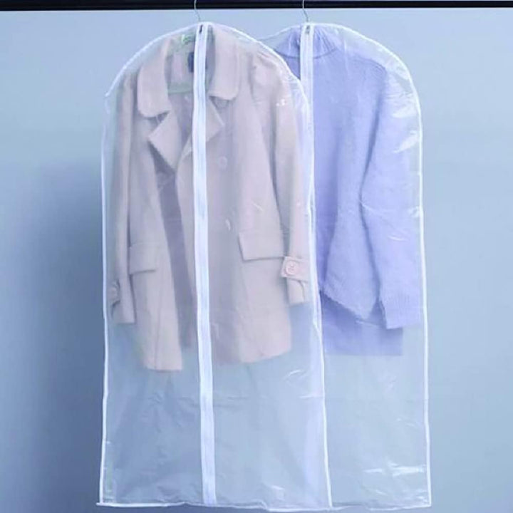 Breathable clear garment travel bags, perfect for suit & dress protection, keeping clothes dust-free.