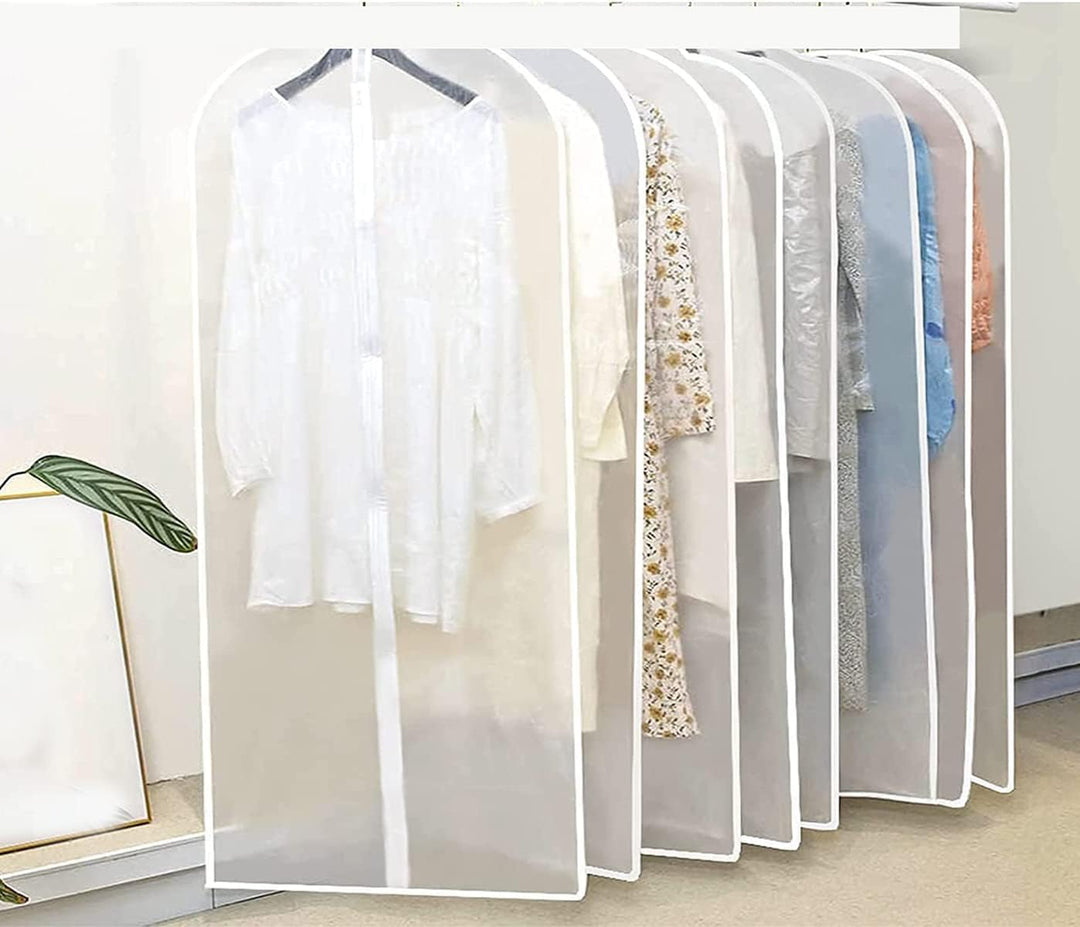 Set of 10 clear garment bags for wardrobe organization, protecting suits, dresses, and coats from dust.