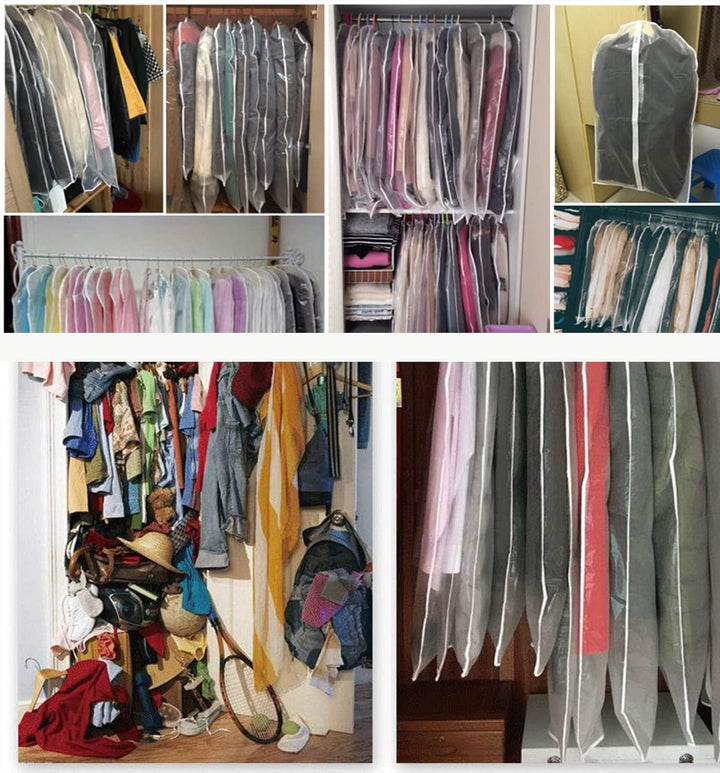 Durable, clear garment bags offer breathable dustproof storage for seasonal clothes, suits, dresses in closet or travel.