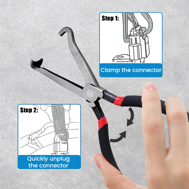 Ergonomic hand tool fuel line pliers for easy disconnect of automotive oil pipes.