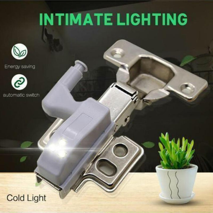 10-Pack Smart Cabinet Hinge LED Sensor Lights illuminating a dark kitchen cabinet interior