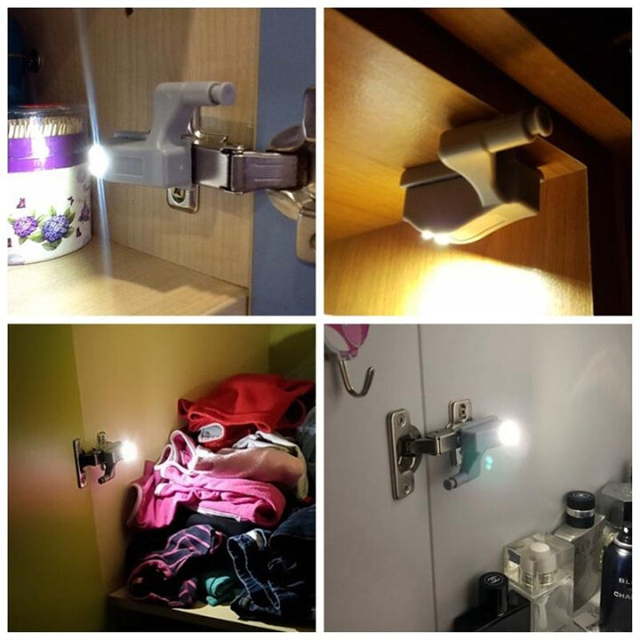 Smart Cabinet Hinge LED Sensor Light installed on a closet door hinge, providing bright illumination