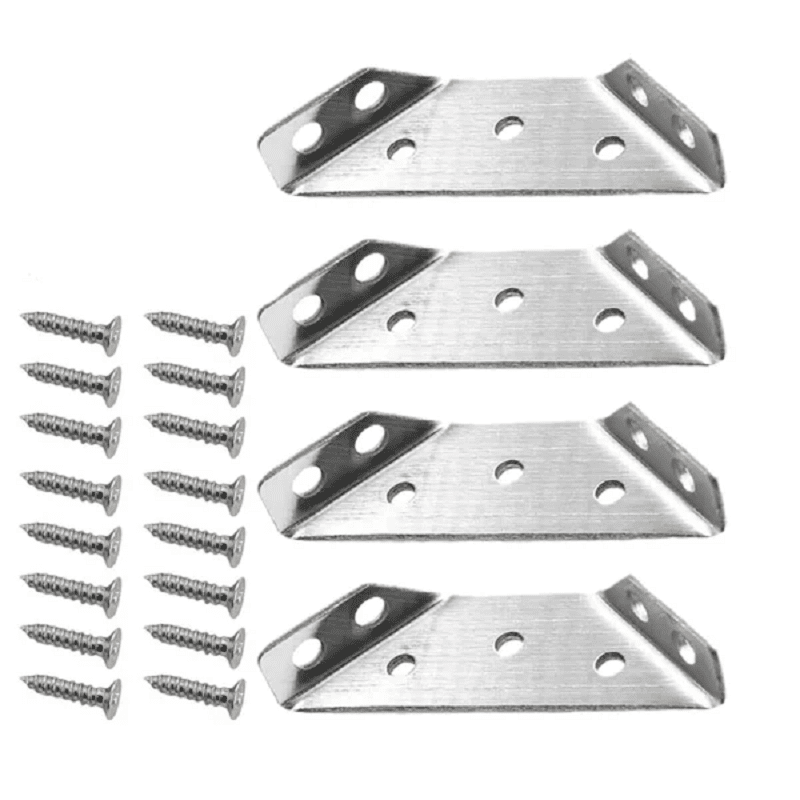 Angle view of a shiny stainless steel corner brace, durable and effective for furniture repair