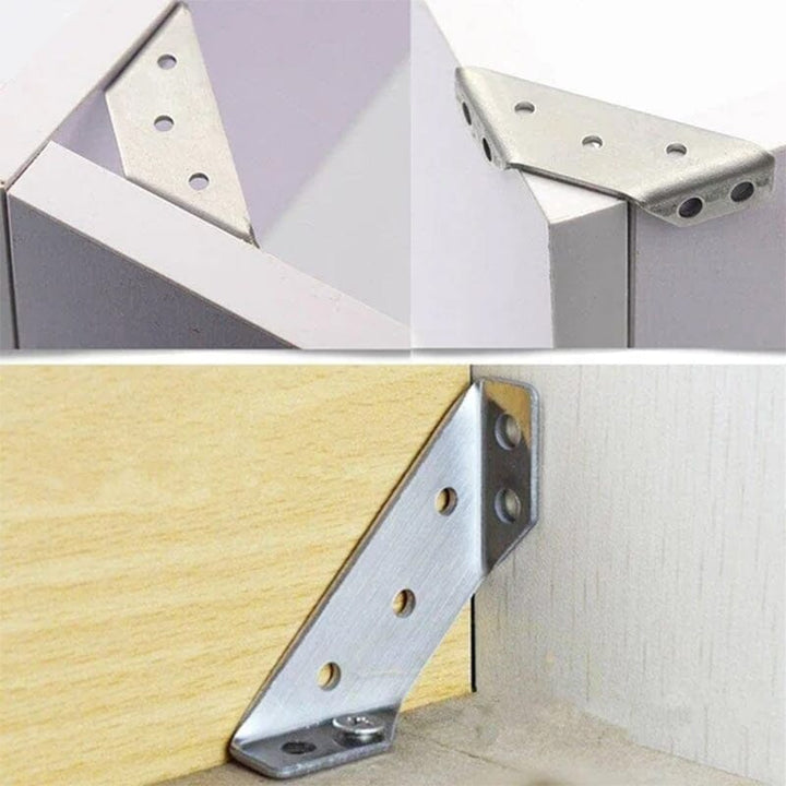Close-up of a stainless steel furniture corner brace, ideal for repair and reinforcement