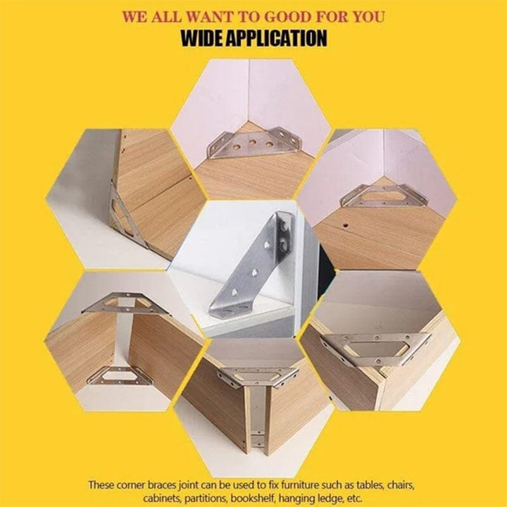 Multiple stainless steel corner brackets, durable hardware for furniture and DIY projects