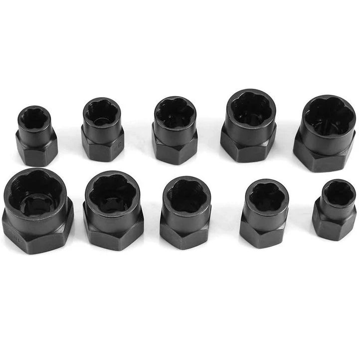 Numbered damaged nut extractors in a durable case, organized socket set