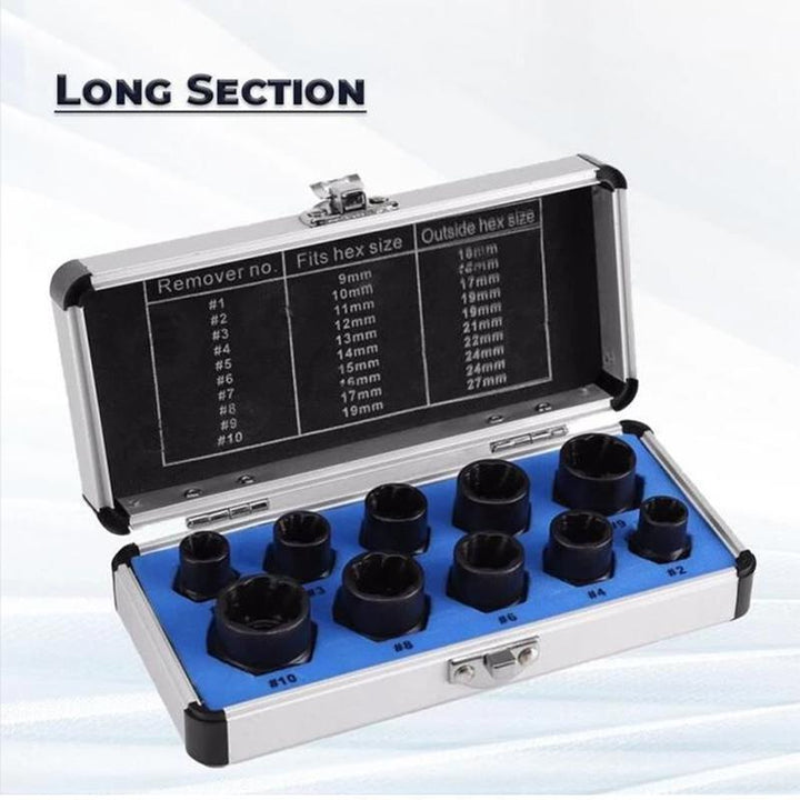 Contents of the damaged nut and bolt extractor kit, laid out for inspection