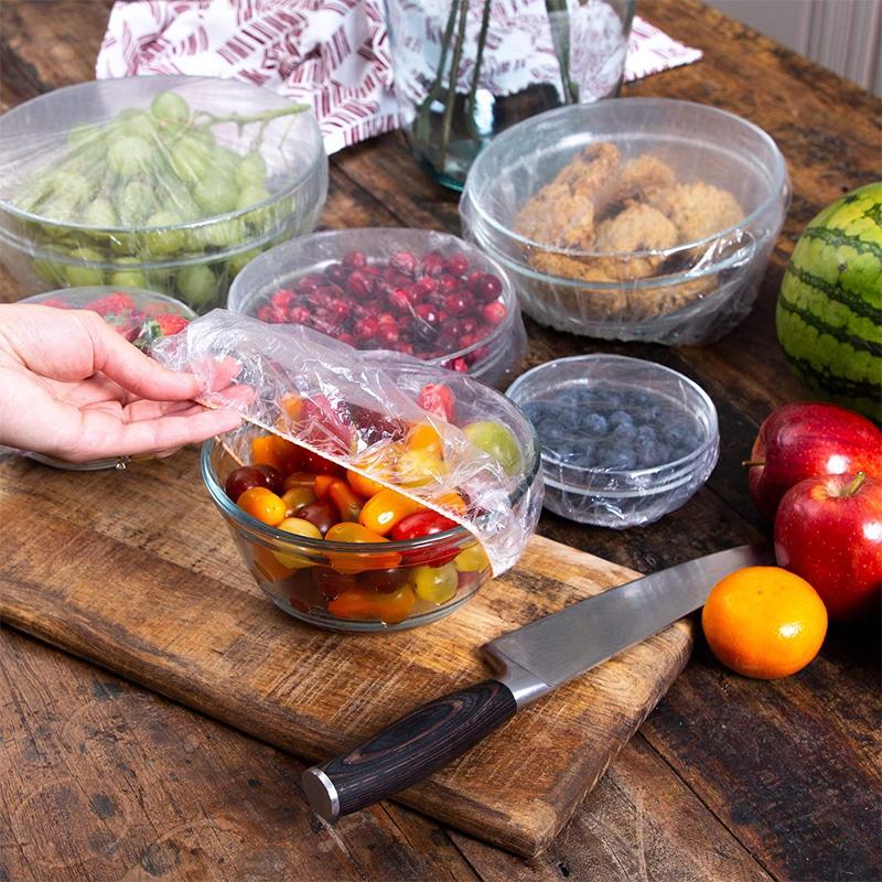 100-pack reusable elastic food storage covers on a bowl, illustrating fresh keeping & kitchen storage