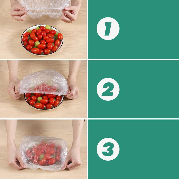 Hand placing an elastic food cover onto a large serving bowl, highlighting ease of use & fresh keeping