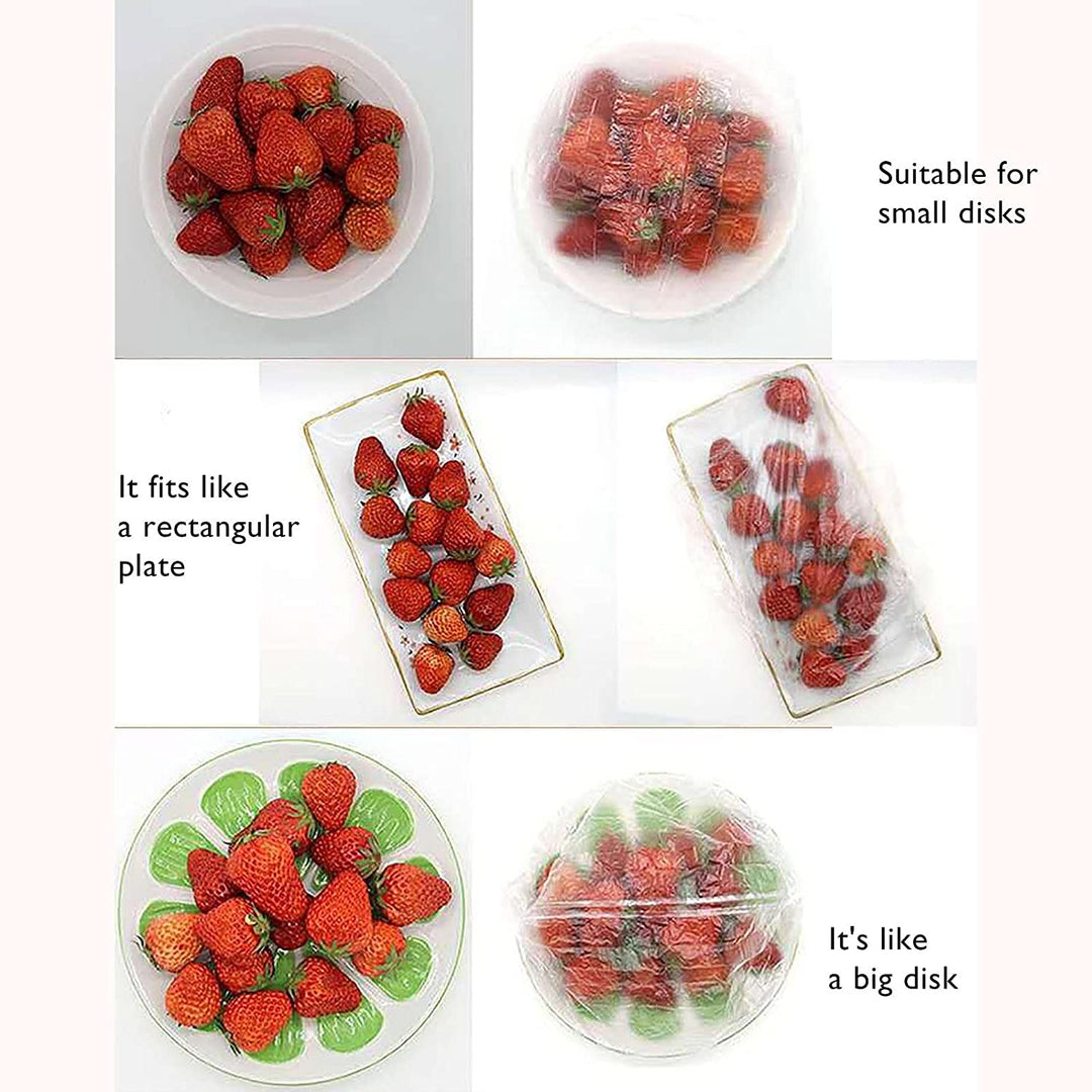 Elastic universal disposable food storage covers (100-pack) for easy fresh keeping of leftovers and picnic items.