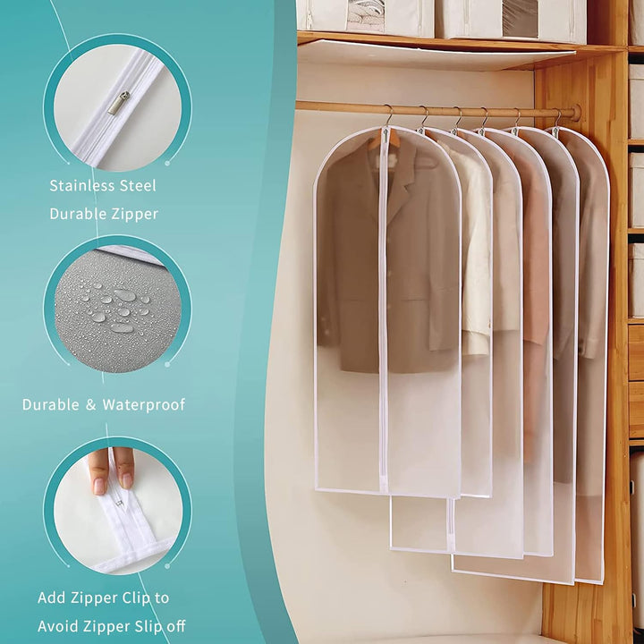 Clear PEVA suit & dress bags, 12-pack, for dustproof closet storage and clothes protection.