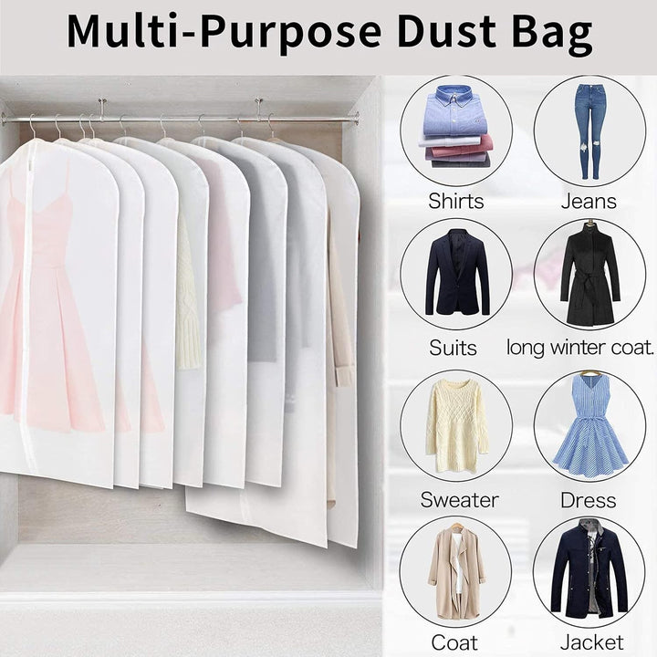 Clear PEVA wardrobe bags, 12-pack, dustproof clothes protectors for easy organization.