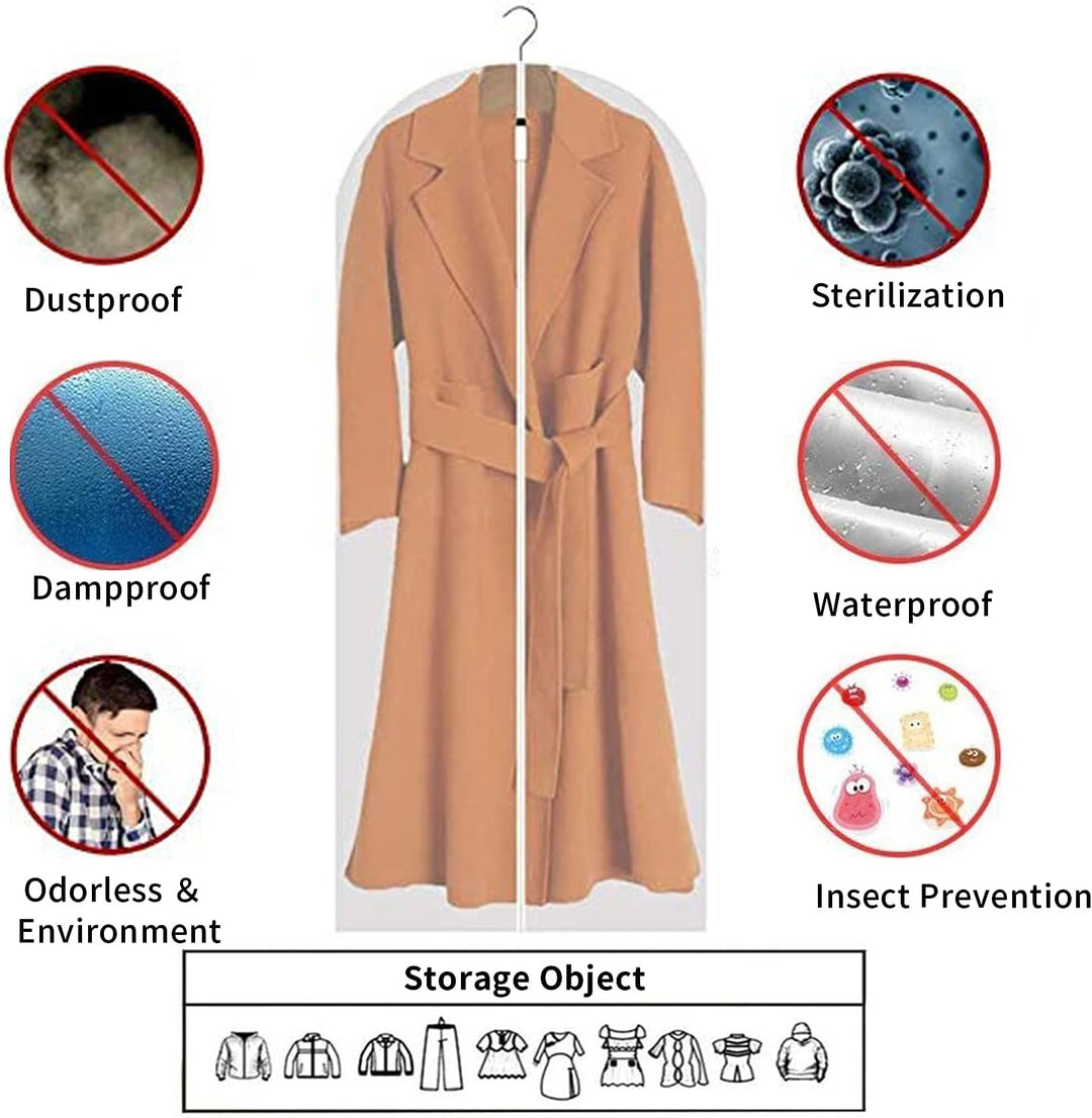 Transparent PEVA clothes bags, 12-pack, for dustproof protection of suits & dresses.