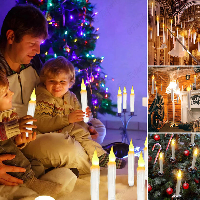 Floating LED taper candles for enchanting party decor, complete with a remote control wand