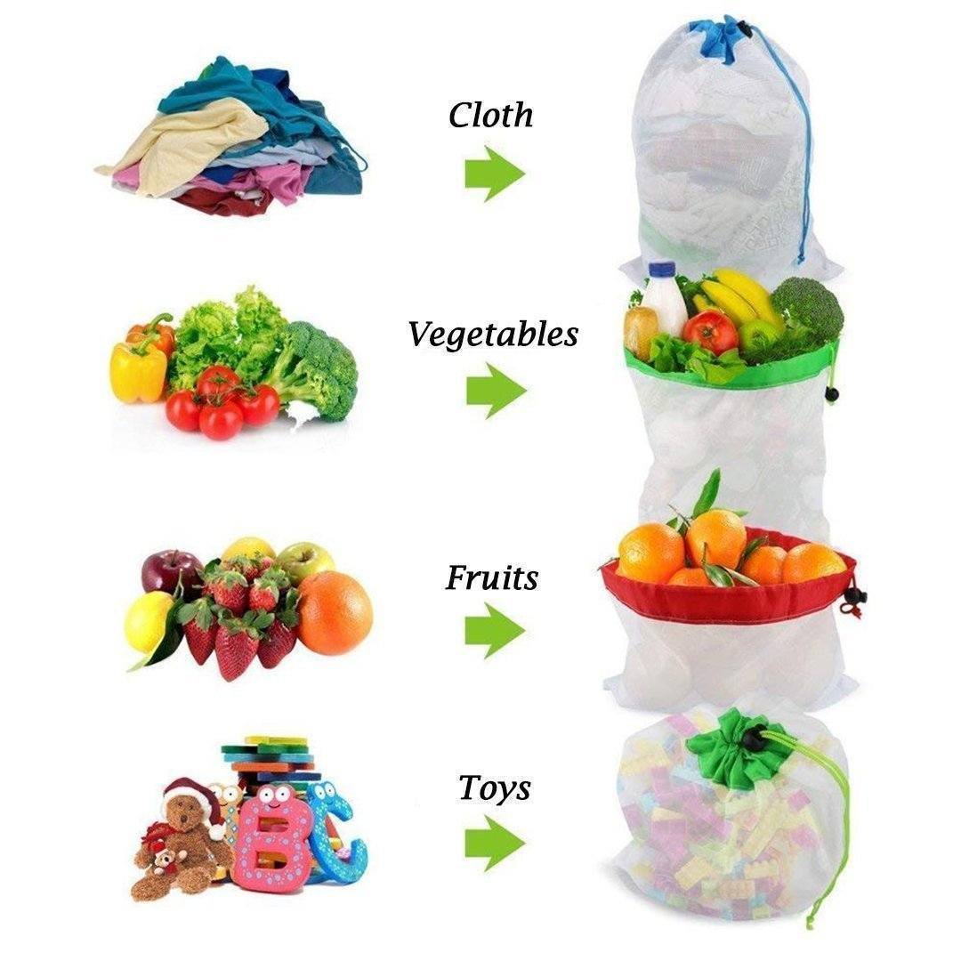 Set of reusable produce storage bags, perfect for sustainable grocery shopping and food preservation