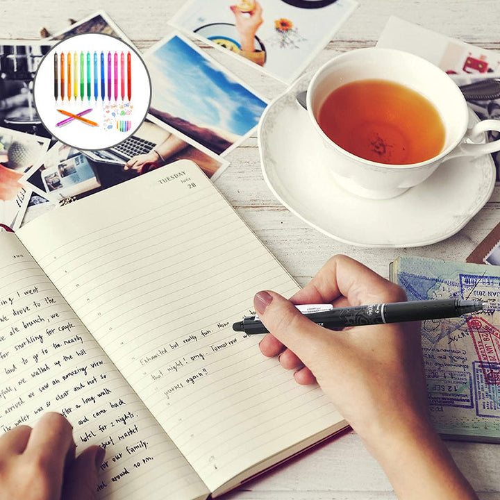 Colorful erasable gel pen set with fine tips, great writing tools for notes, journaling, and drawing