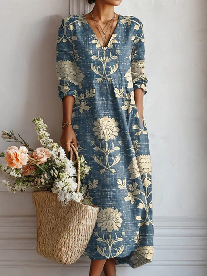 Women's Boho Floral V-Neck Pocket Midi Dress - Effortless Style