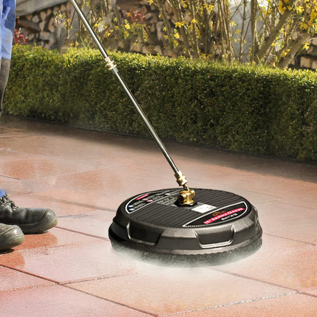 "15-inch surface cleaner for pressure washer, round design, dual rotating nozzles, blue and black with handle, outdoor cleani