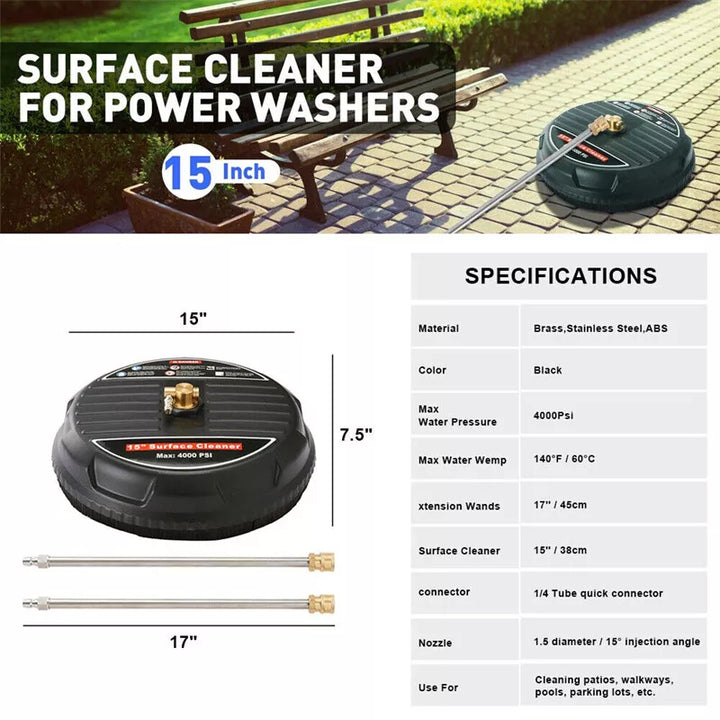 "15-inch surface cleaner for pressure washer, round design, dual rotating nozzles, blue and black with handle, outdoor cleani