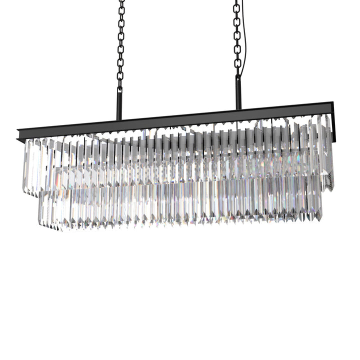 "16-light 2-tier K9 crystal chandelier with modern iron frame, optical crystals, sleek design, ideal for dining room elegance