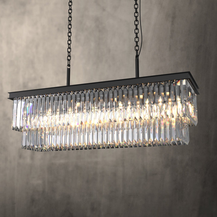 "16-light 2-tier K9 crystal chandelier with modern iron frame, optical crystals, sleek design, ideal for dining room elegance