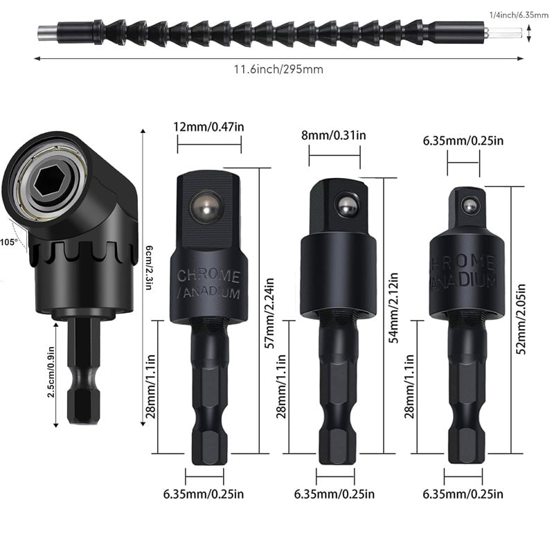 Mechanics tools: 17-pc flexible right angle drill attachment set for automotive repairs