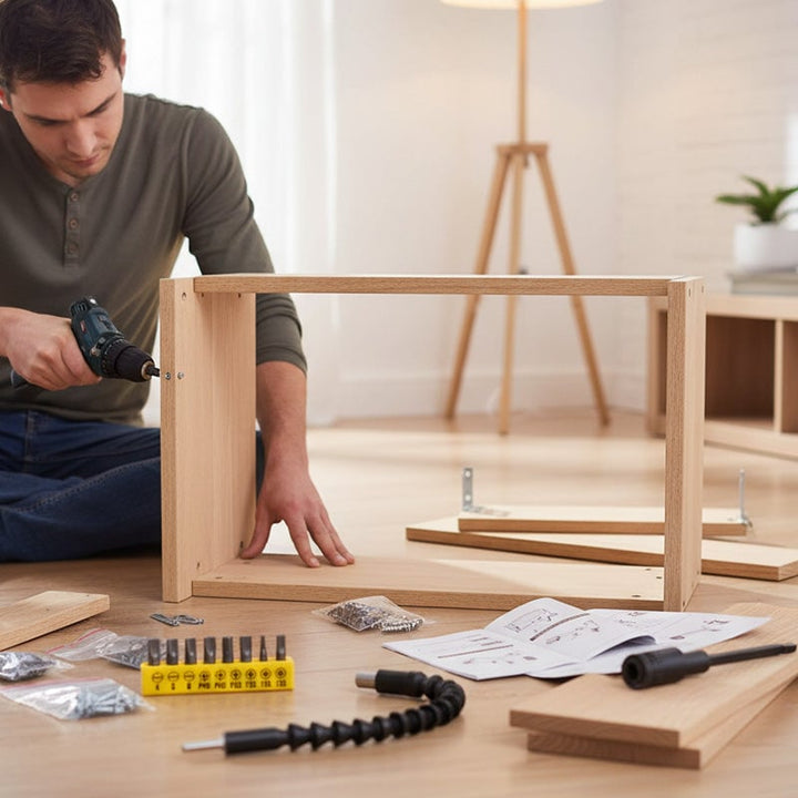 Complete drill kit: flexible extension, right angle attachment & screwdriver bits for mechanics