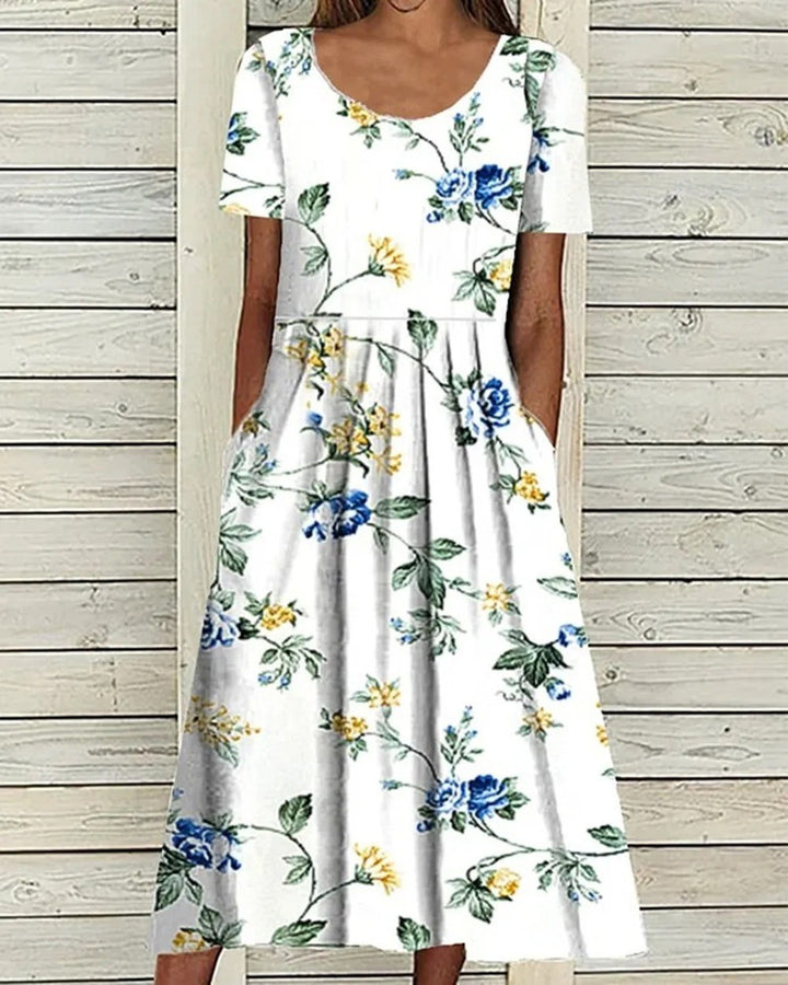 Women's Elegant Botanical Midi Dress - Crew Neck Half Sleeve