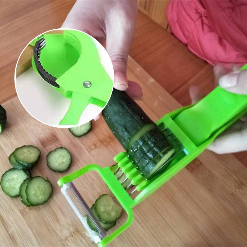 2-in-1 vegetable cutter and peeler next to prepped vegetables