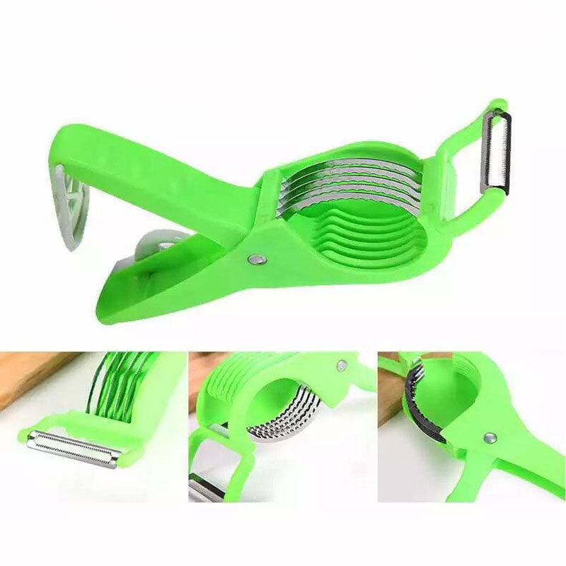 Hand holding a 2-in-1 vegetable cutter/peeler over a cutting board