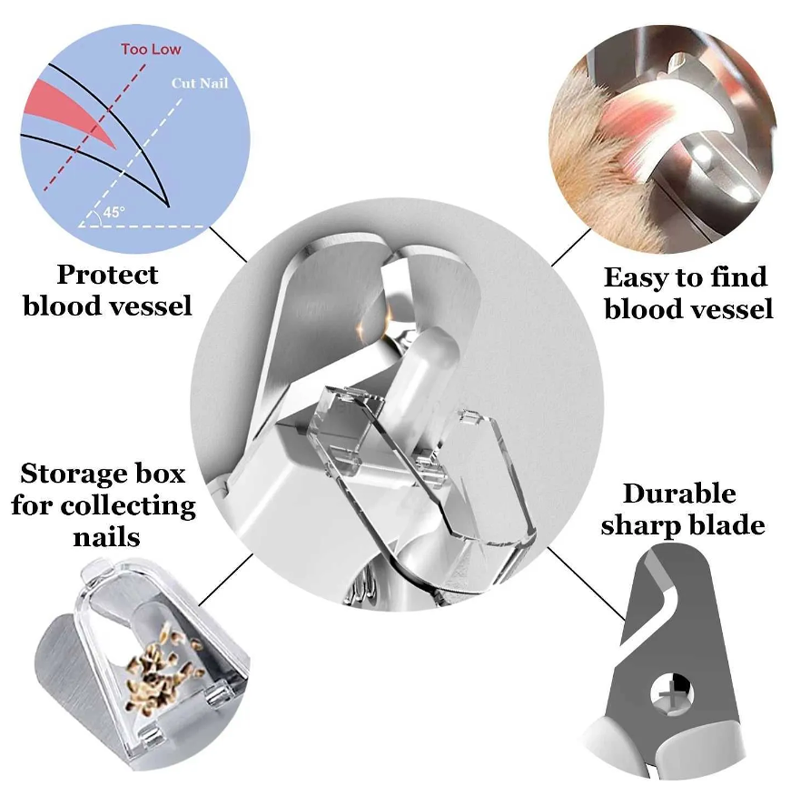 Detailed view of pet grooming tool's grinding head and multiple port sizes for pets