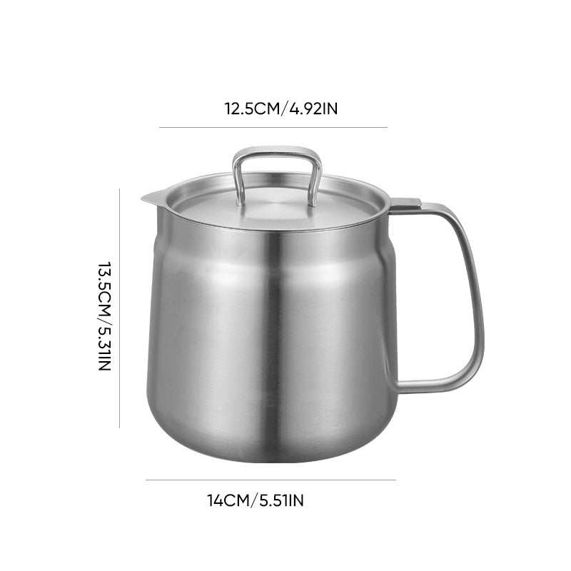 Ergonomic design of a stainless steel oil strainer and cooking pot, easy to pour