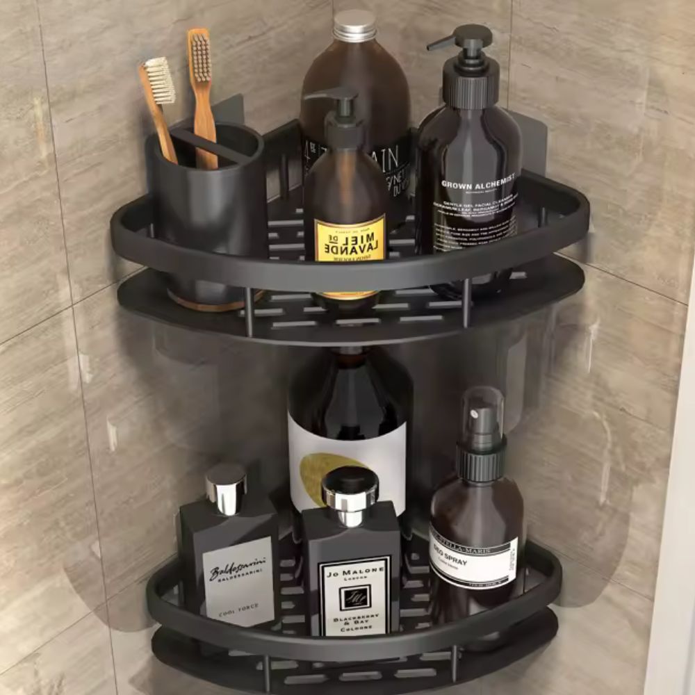 2-Tier rustproof shower organizer shelf in sleek black, ideal wall mount bathroom caddy for shampoo & bath accessories.