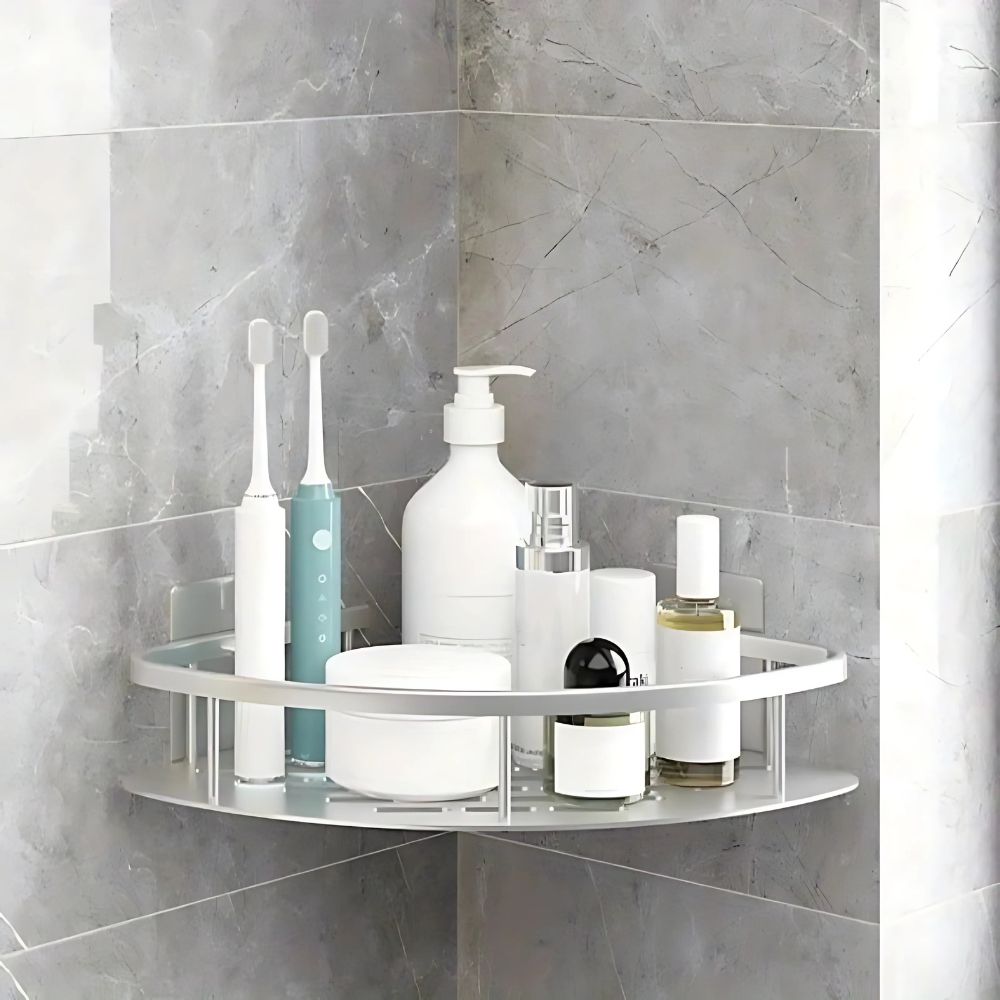 Modern 1-tier rustproof metal shower shelf for sleek bathroom storage. Wall-mounted caddy holds shampoo & soap.