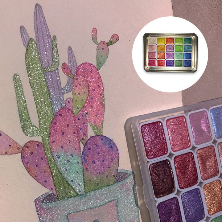 Close-up of shimmer paints and metallic watercolors in a 20-color set, ideal for artists' painting supplies.