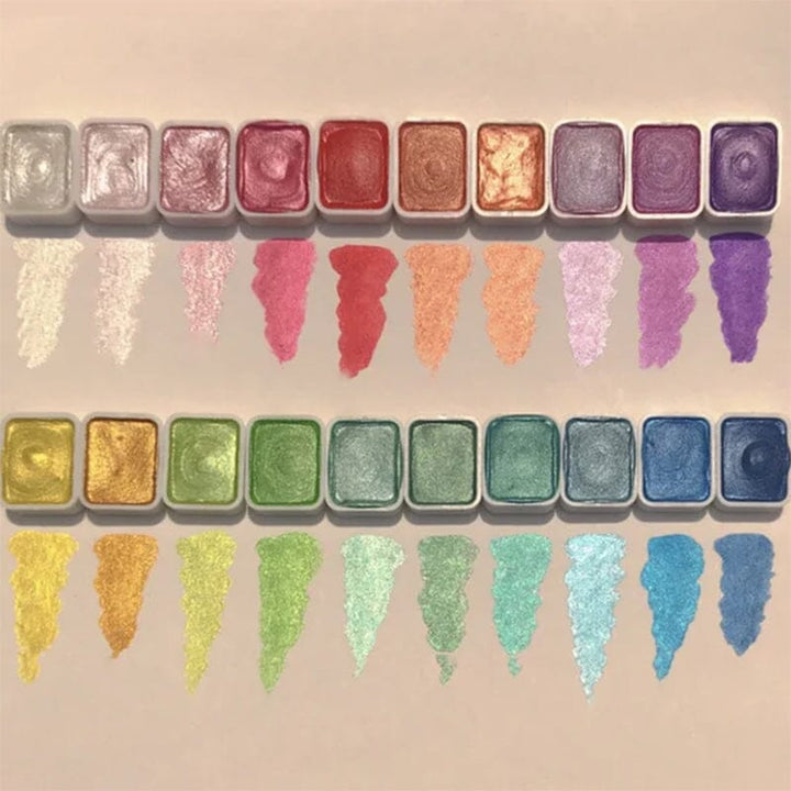 Portable paint set featuring 20 metallic watercolors, a perfect art kit and artist gift for on-the-go creativity.