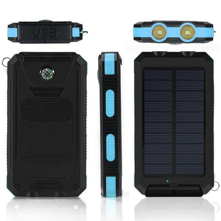 Portable 20000mAh waterproof solar charger for phones & devices. Essential external battery for camping & emergencies.