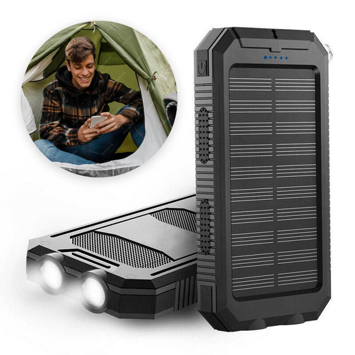 Universal 20000mAh waterproof solar power bank. Portable dual USB external battery for all your outdoor tech.