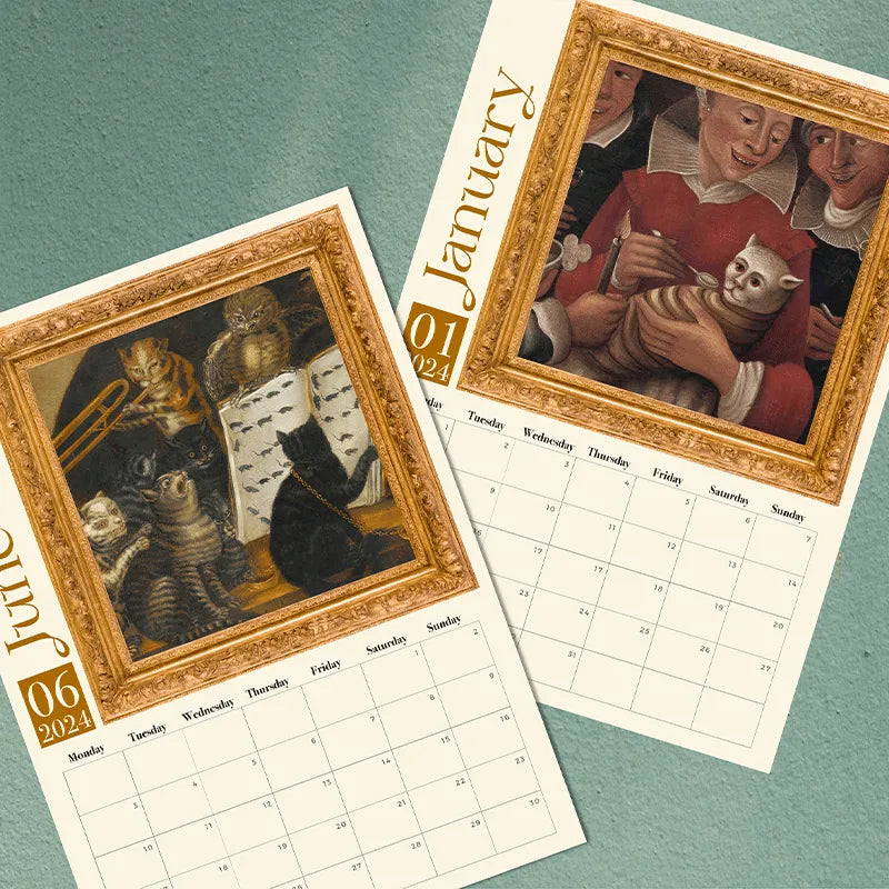 Unisex 2024 medieval cat art wall calendar, ideal gift for cat owners and art enthusiasts.