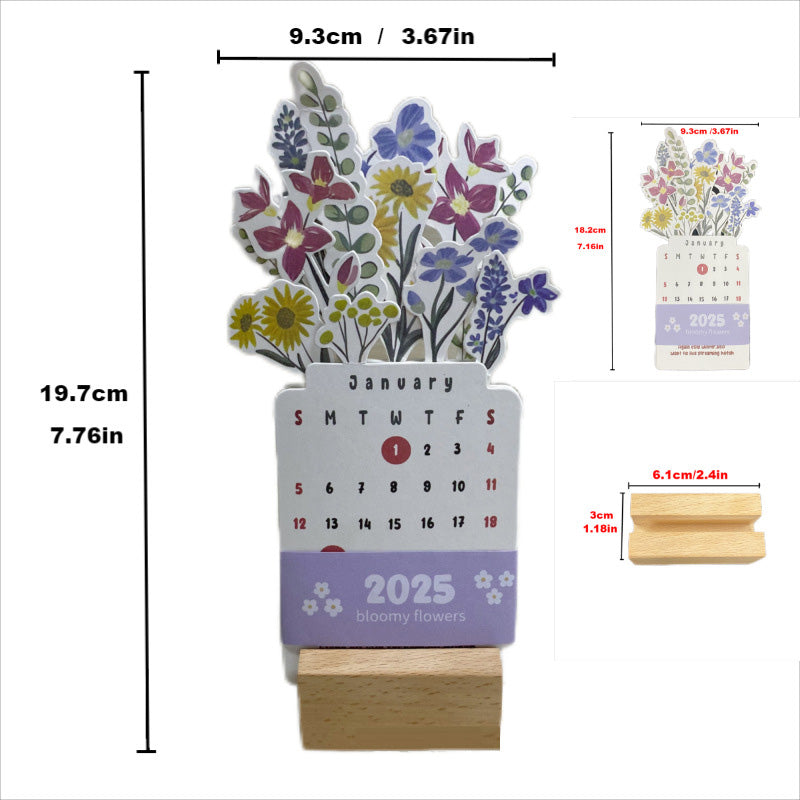Side view of the 2025 Bloomy Flowers desk calendar showing sturdy construction