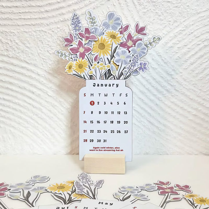 Bloomy Flowers 2025 calendar standing on a modern office desk, functional decor