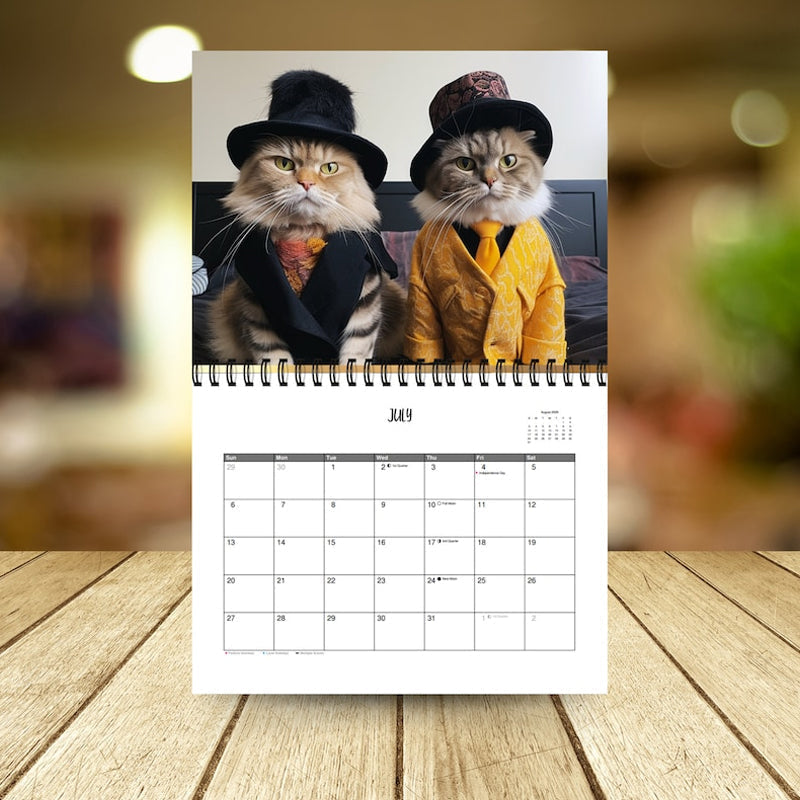 Close-up of a page from the 2025 Fashion Cat Lover Wall Calendar, intricate cat art