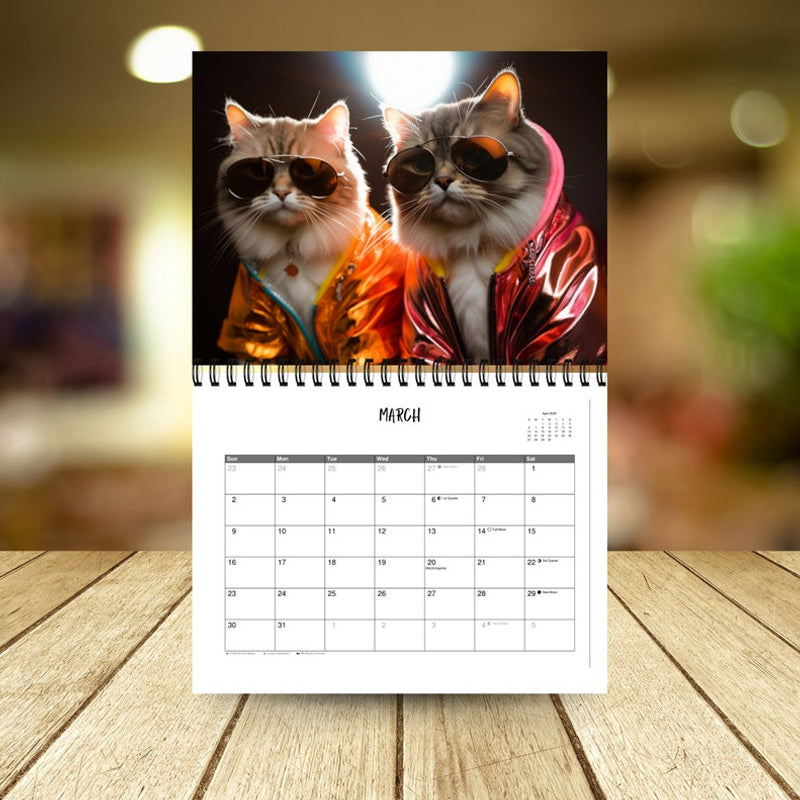 Details of the 2025 wall calendar: monthly grids with cute, fashionable cat illustrations