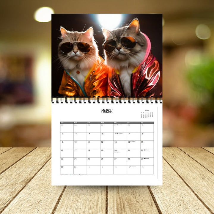 Details of the 2025 wall calendar: monthly grids with cute, fashionable cat illustrations