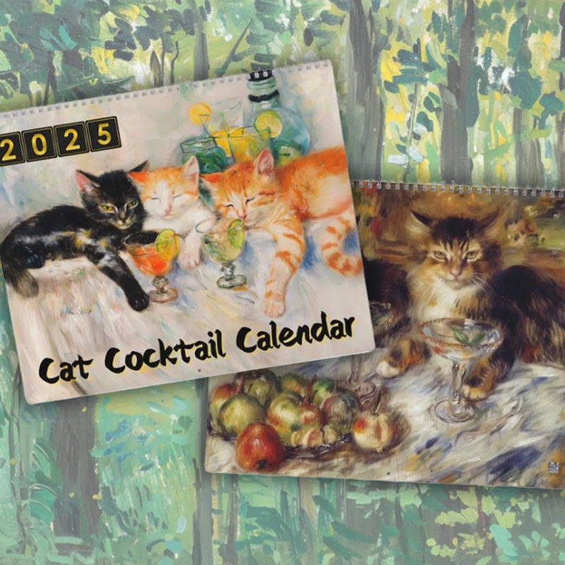 2025 Feline Cocktail Wall Calendar, a unique gift for cat lovers & planning, with artistic calendar design