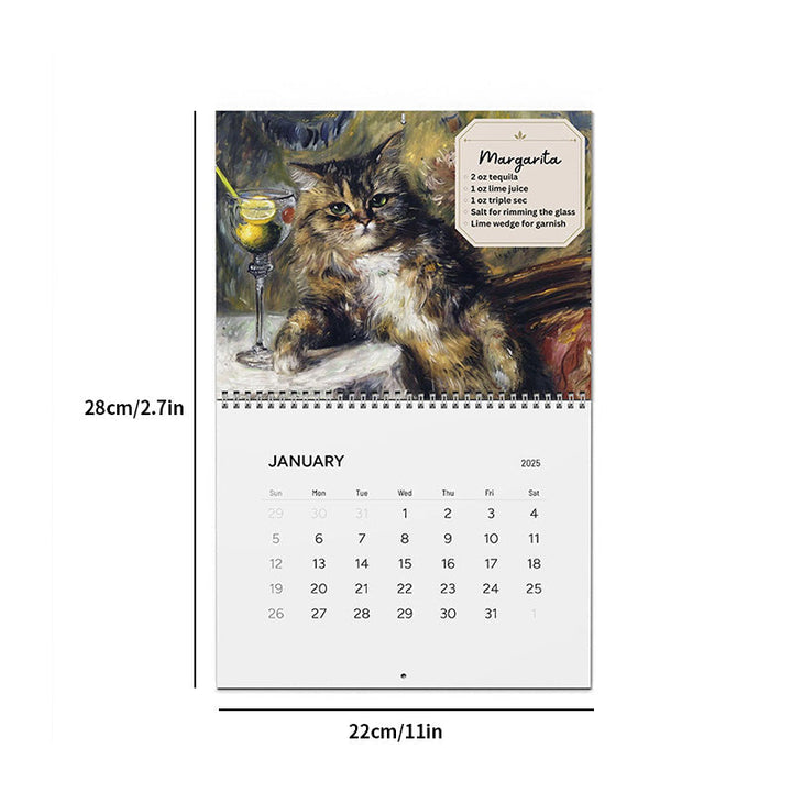 Various feline cocktail illustrations from the 2025 wall calendar, a delightful artistic calendar perfect gift