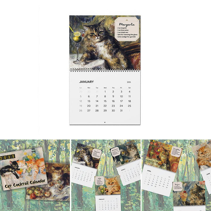 Overview of the 2025 Feline Cocktail Calendar's monthly layouts, balancing art and practical planning